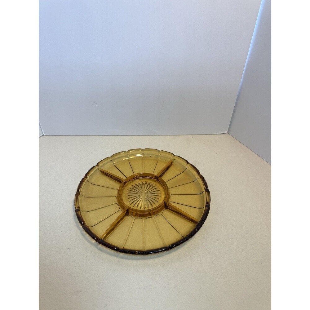 Vintage Amber Depression Glass Divided Relish Tray Starburst Center 11” Serving